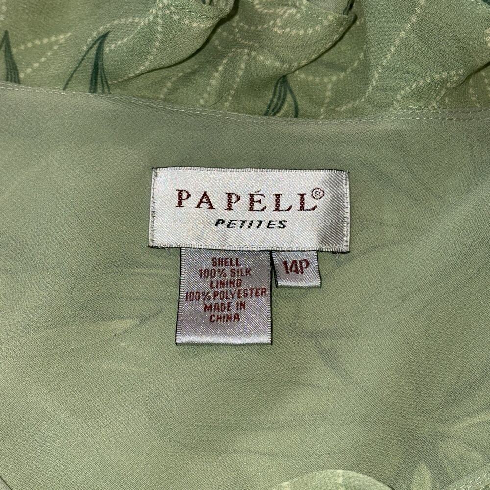 Papell Petites Silk Sage Green Flower Ruffle Blouse Boho Romantic Fairy Sheer - Picture 3 of 10